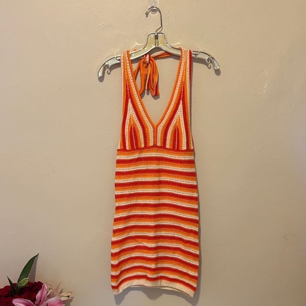 Elegant Orange and White Striped Knit Dress